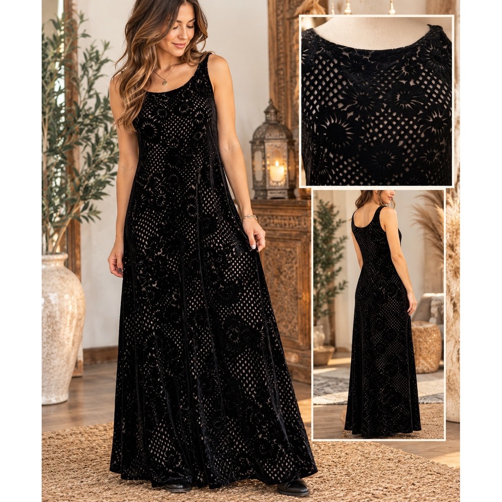 Anna Bella Black Burnout Velvet Floral Maxi Dress Sleeveless One Size USA Made